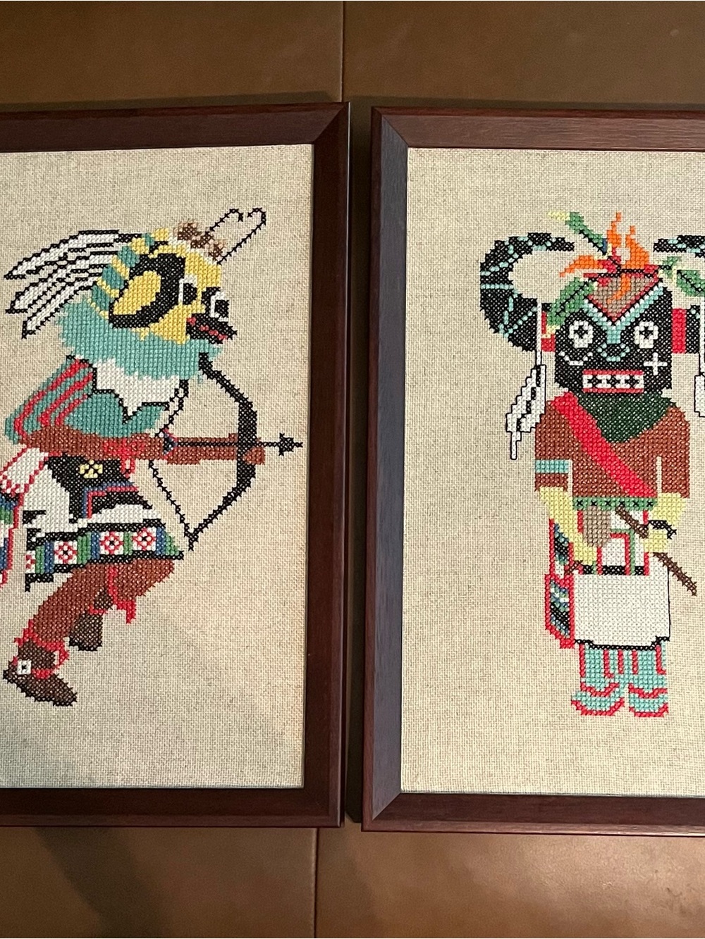 Vtg Pair of Handmade Cross-Stitch Native Kachina Framed Wall Art